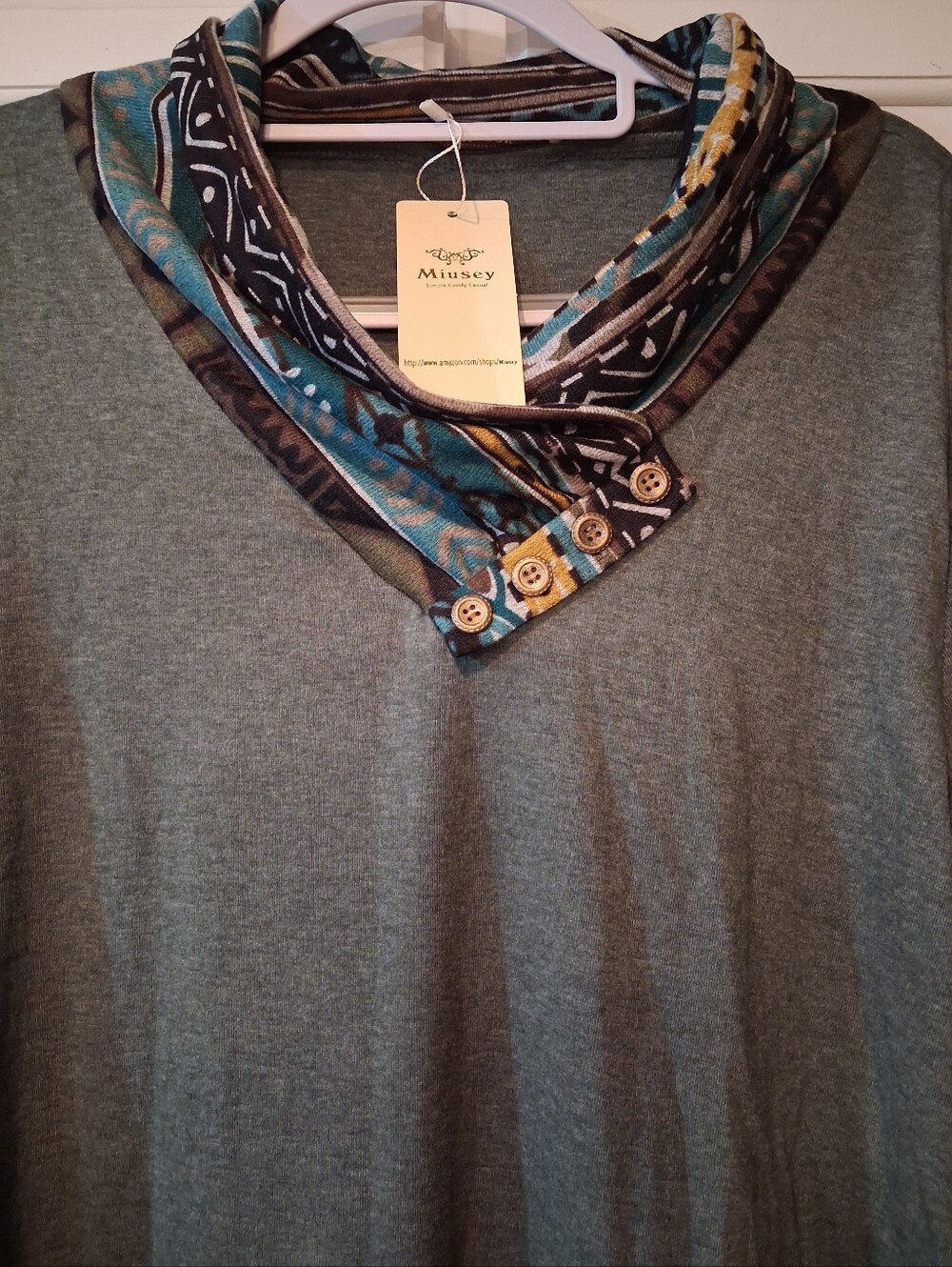 Miusey Women's Green Geometric Cowl Neck Long Sleeve Tunic Top Button Accent XXL - Picture 3 of 4